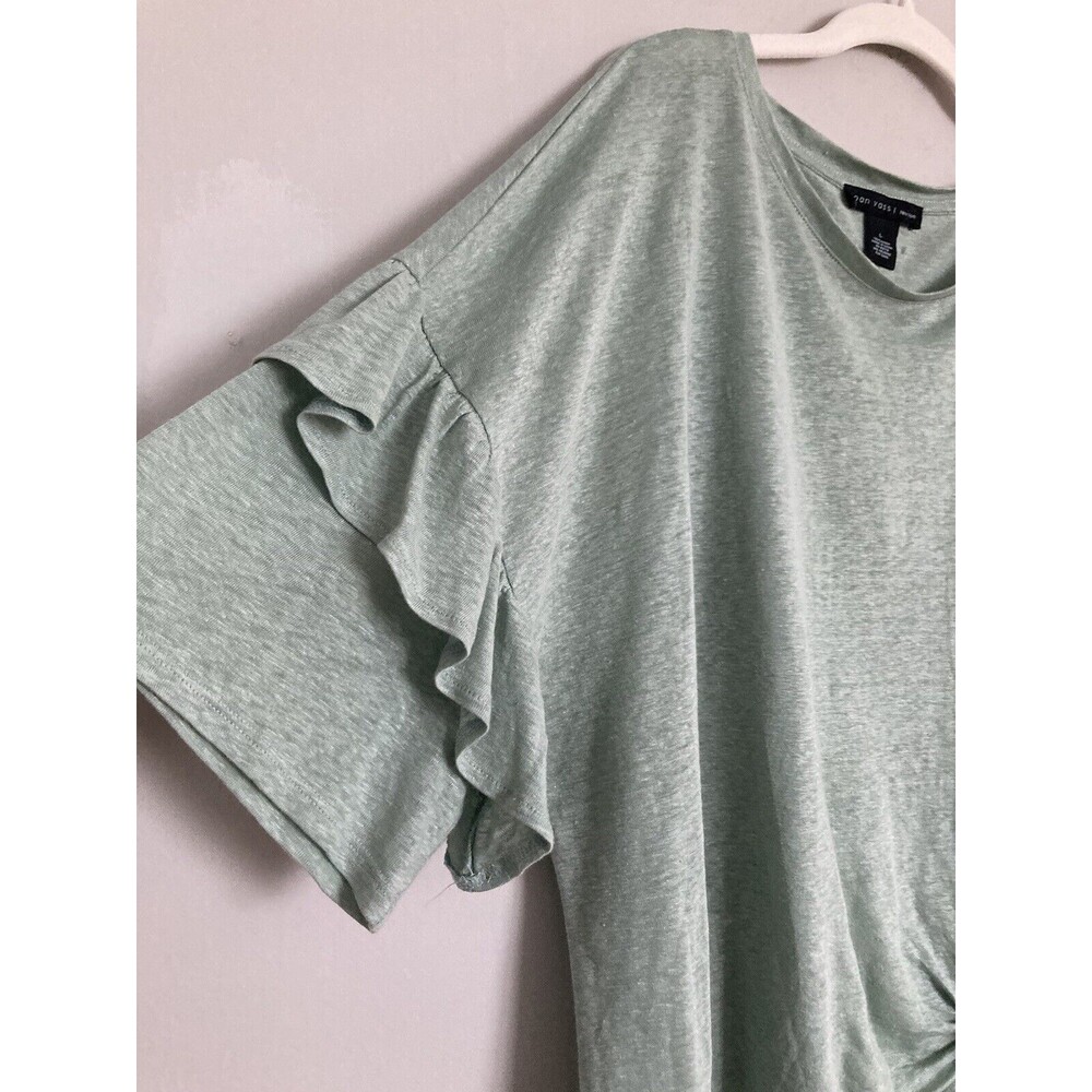 Joan Vass New York 100% Linen Ruffle Sleeve Blouse LARGE Mint Sage Green - Picture 3 of 6